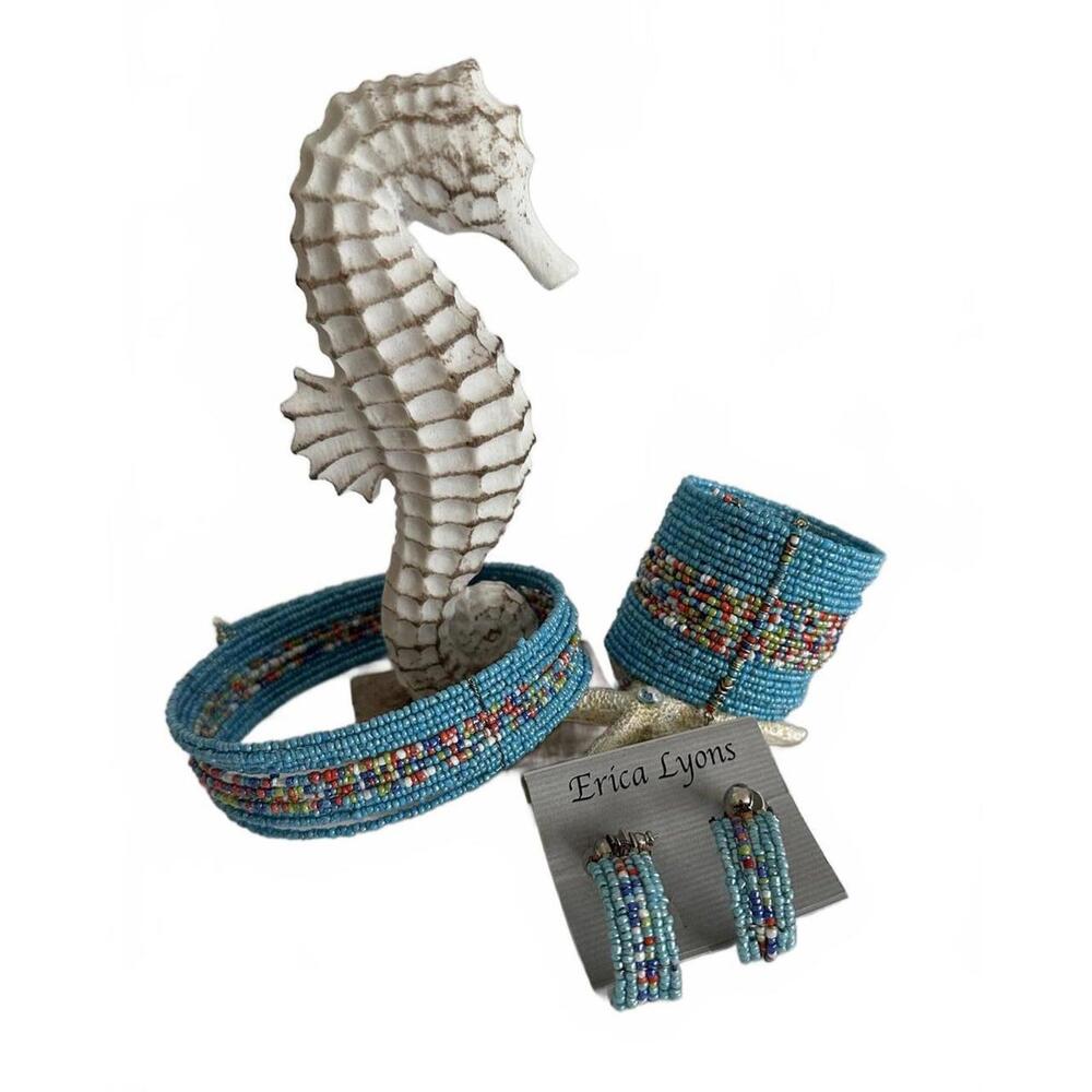 Erica Lyons Blue w Multi Color Beaded Necklace Bracelet and Earrings Set